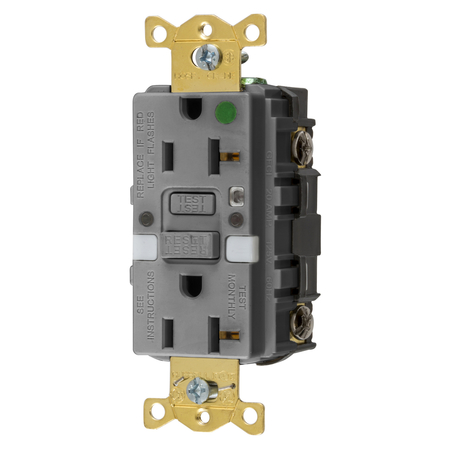 HUBBELL WIRING DEVICE-KELLEMS Heavy Duty Hospital Grade AUTOGUARD® Self-Test GFCI Receptacle with Nightlight, 20A, Gray GFRST83GYNL